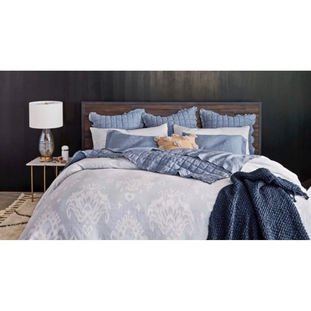 West Elm Light Blue Ikat Cotton Linen Blend Duvet Cover Queen 92x88